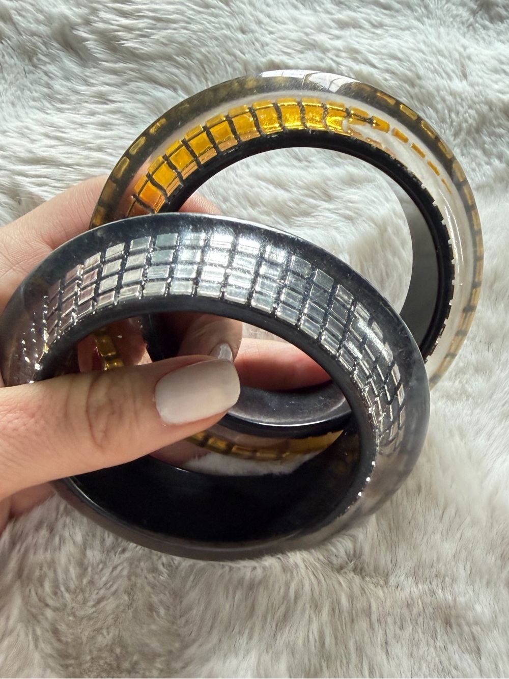 Statement Mosaic Bangle Set Gold Silver Resin Wide Bracelets Retro Y2K - Picture 3 of 8